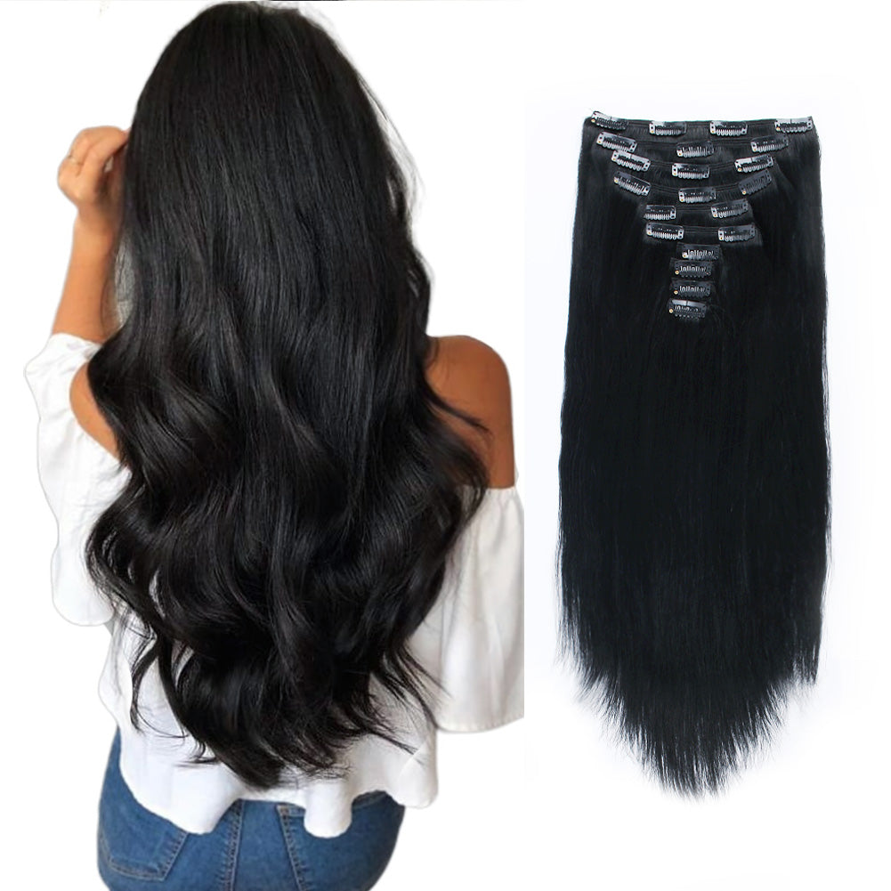 Full Shine Jet Black Clip in Hair Extensions Straight Hair Pieces